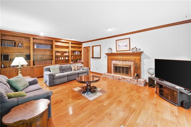 3436 Laurelwood Ct NE, Roswell, GA 30075 - living room with ornamental molding, a brick fireplace, and wood finished floors