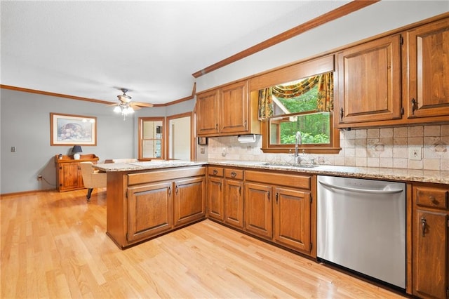 3436 Laurelwood Ct NE, Roswell, GA 30075 - kitchen featuring stainless steel dishwasher, crown molding, brown cabinets, a peninsula, and backsplash