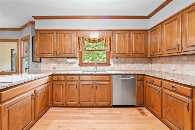 3436 Laurelwood Ct NE, Roswell, GA 30075 - kitchen featuring dishwasher, brown cabinets, and ornamental molding