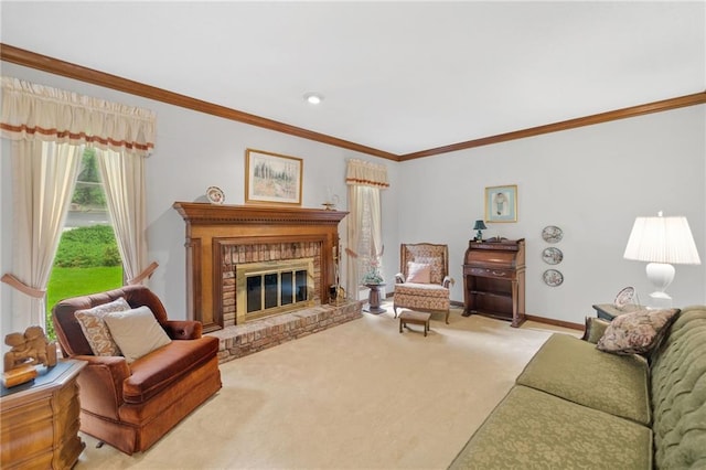 3436 Laurelwood Ct NE, Roswell, GA 30075 - carpeted living area featuring ornamental molding and a fireplace