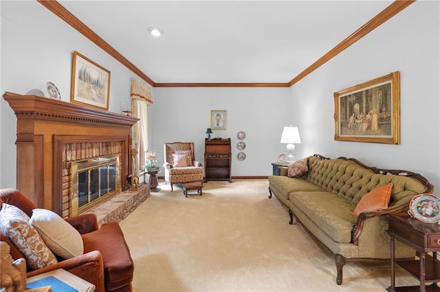3436 Laurelwood Ct NE, Roswell, GA 30075 - living area featuring carpet, ornamental molding, and a brick fireplace