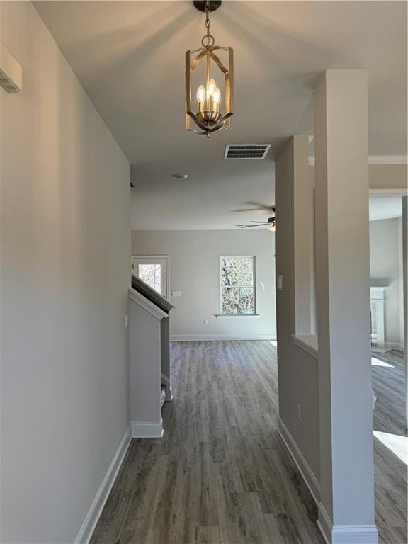 hall featuring a chandelier and dark hardwood / wood-style flooring