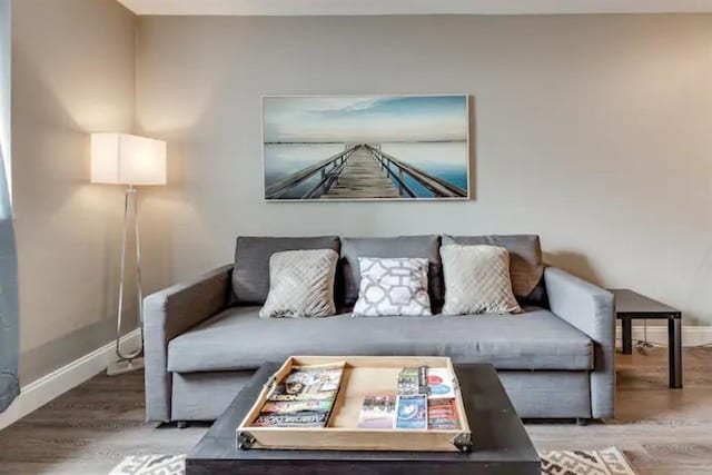 living area with baseboards and wood finished floors