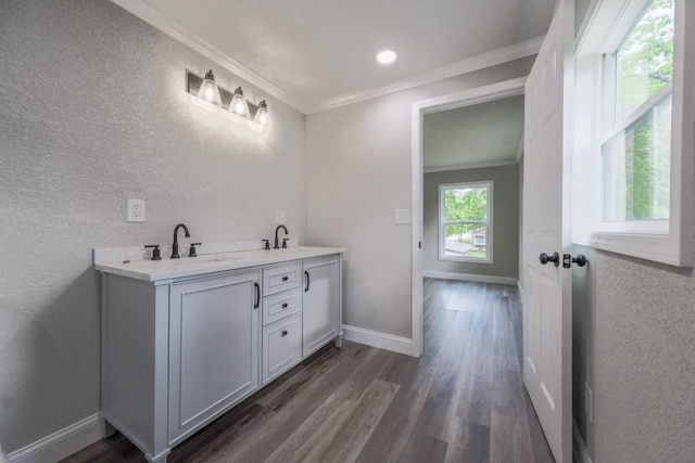 bathroom featuring ornamental molding, wood finished floors, a textured wall, baseboards, and double vanity