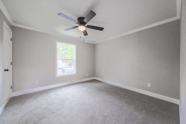 spare room with ornamental molding, ceiling fan, baseboards, and carpet floors