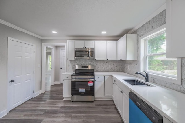 kitchen with appliances with stainless steel finishes, a sink, ornamental molding, healthy amount of natural light, and white cabinets