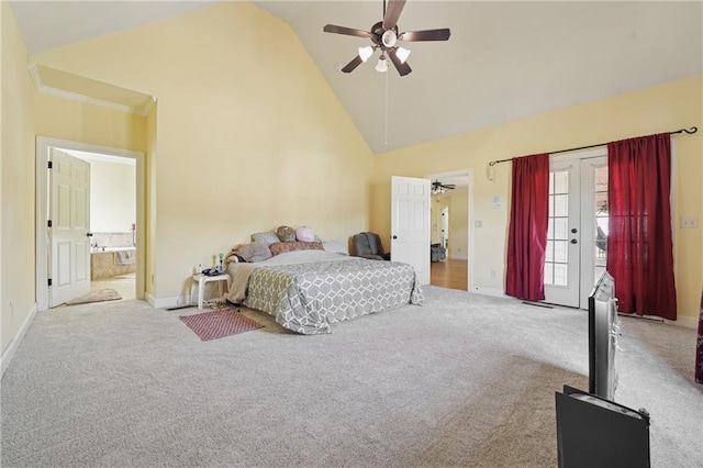 bedroom featuring access to exterior, high vaulted ceiling, carpet flooring, and baseboards
