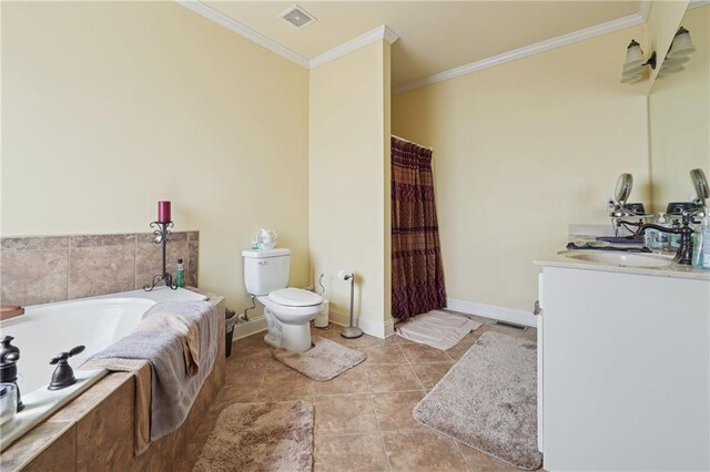full bath with vanity, ornamental molding, toilet, a bath, and visible vents