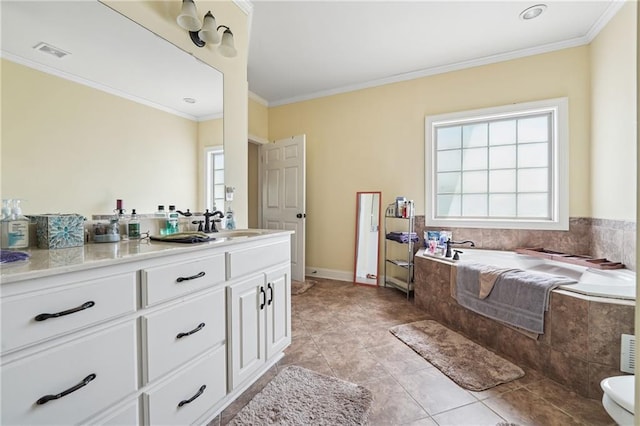 full bathroom featuring visible vents, a bath, crown molding, vanity, and tile patterned flooring