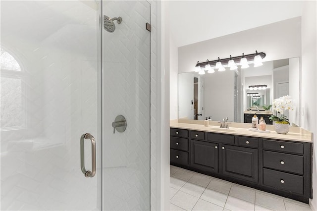 bathroom featuring a stall shower, vanity, and tile patterned floors