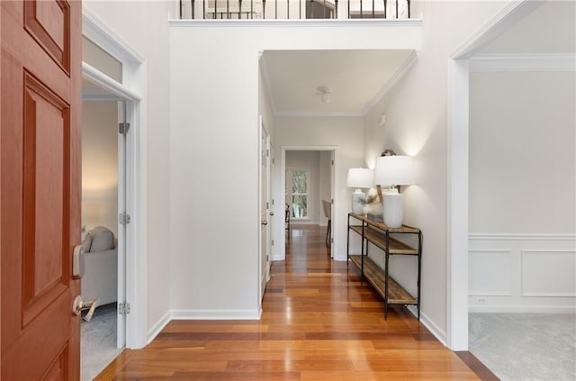 hallway with a decorative wall, a wainscoted wall, light colored carpet, light wood-style floors, and ornamental molding