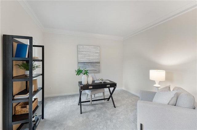 office area with ornamental molding, light colored carpet, and baseboards