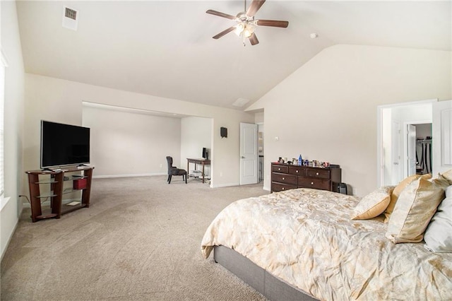 6213 Old Kingston Dr, Atlanta, GA 30331 - carpeted bedroom with refrigerator, high vaulted ceiling, and a ceiling fan