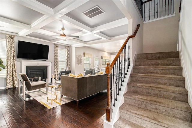 6213 Old Kingston Dr, Atlanta, GA 30331 - living room with stairway, wood finished floors, a ceiling fan, beam ceiling, and coffered ceiling