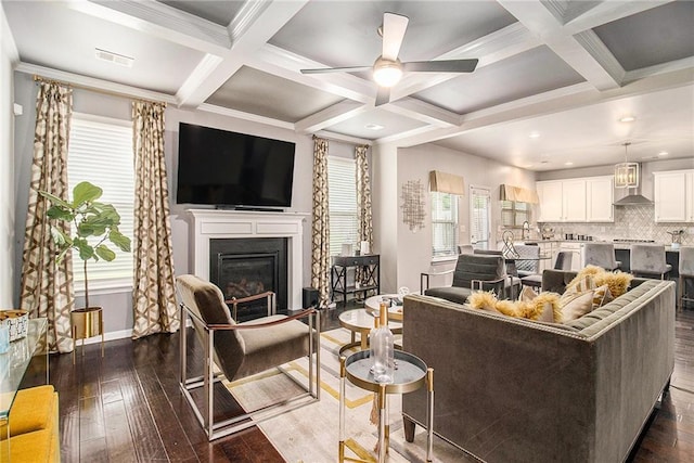 6213 Old Kingston Dr, Atlanta, GA 30331 - living room with ceiling fan, a glass covered fireplace, coffered ceiling, dark wood-style flooring, and beamed ceiling