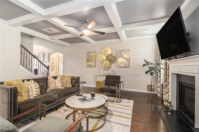6213 Old Kingston Dr, Atlanta, GA 30331 - living room featuring dark wood-type flooring, stairway, beam ceiling, coffered ceiling, and a fireplace with raised hearth
