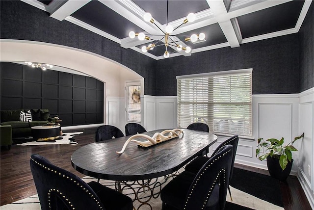 6213 Old Kingston Dr, Atlanta, GA 30331 - dining area with coffered ceiling, wood finished floors, beamed ceiling, a chandelier, and crown molding