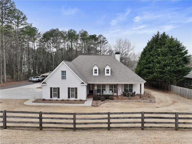 view of front of property with a fenced front yard, covered porch, driveway, and a chimney