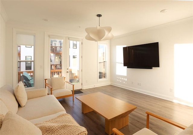 living room with crown molding and dark hardwood / wood-style floors