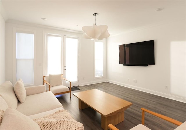 living room featuring dark hardwood / wood-style flooring and crown molding