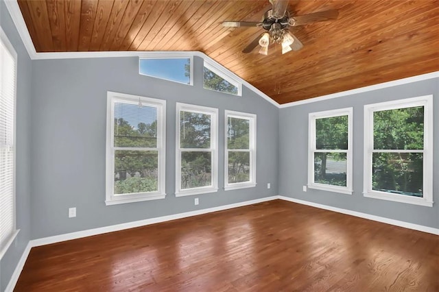 spare room featuring hardwood / wood-style floors, plenty of natural light, wood ceiling, and crown molding