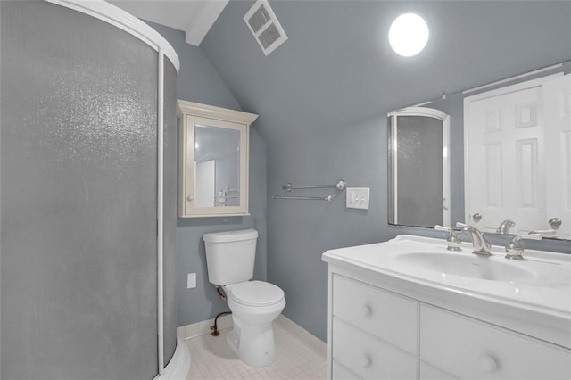 bathroom featuring tile patterned floors, walk in shower, vanity, vaulted ceiling, and toilet