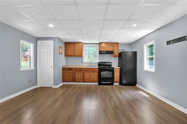 kitchen featuring hardwood / wood-style floors, black appliances, plenty of natural light, and sink