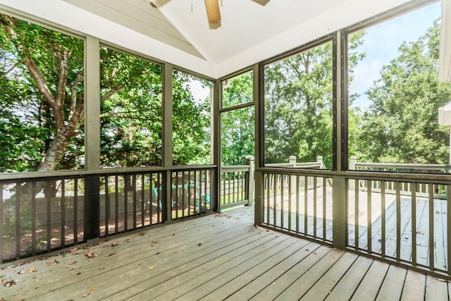 1122 Cayuga Ct, Dacula, GA 30019 - unfurnished sunroom featuring a ceiling fan, vaulted ceiling, and plenty of natural light