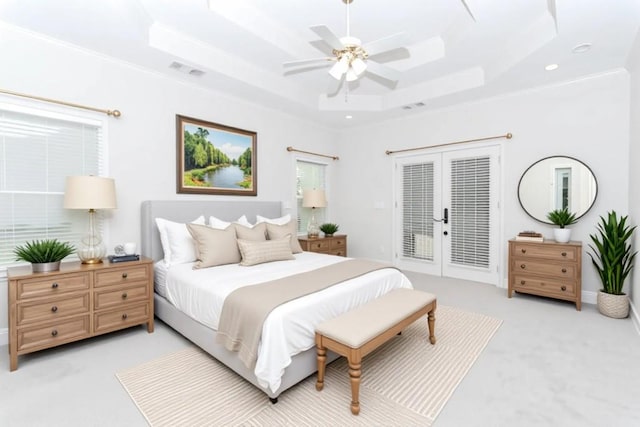 1122 Cayuga Ct, Dacula, GA 30019 - bedroom featuring access to outside, light colored carpet, french doors, a ceiling fan, and recessed lighting
