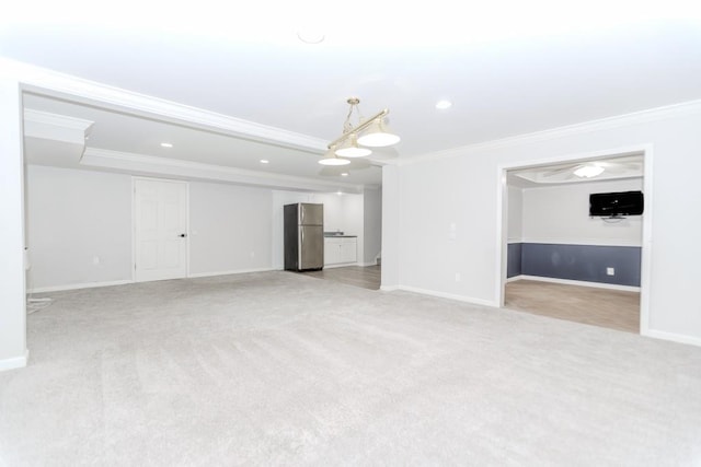 1122 Cayuga Ct, Dacula, GA 30019 - unfurnished living room featuring crown molding, light colored carpet, and recessed lighting