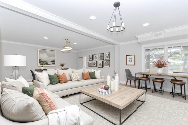 1122 Cayuga Ct, Dacula, GA 30019 - living area with a chandelier, recessed lighting, and ornamental molding