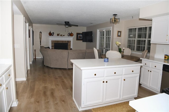 9130 Charlton Pl, Douglasville, GA 30135 - kitchen with ceiling fan, white cabinetry, light wood finished floors, light countertops, and a textured ceiling