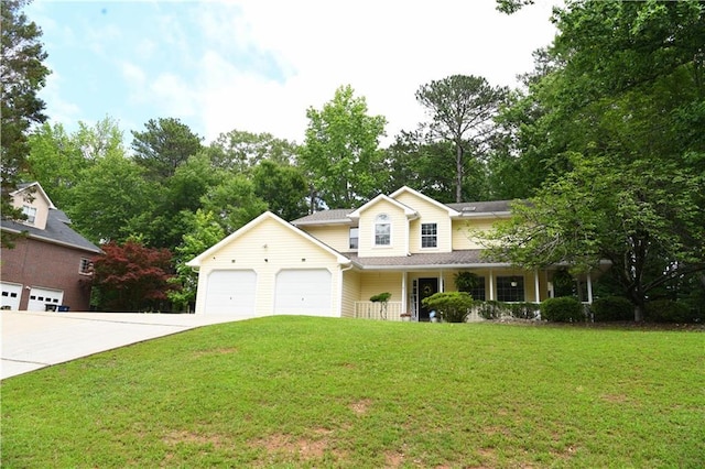 9130 Charlton Pl, Douglasville, GA 30135 - traditional-style house with concrete driveway, an attached garage, a front lawn, and a porch