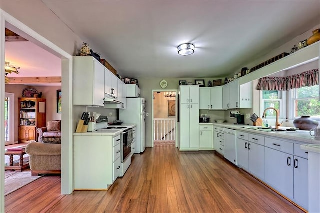 kitchen featuring white appliances, under cabinet range hood, light countertops, and a sink