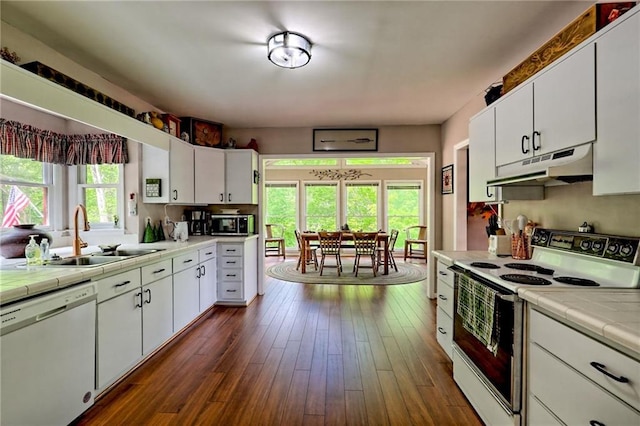 kitchen with white appliances, under cabinet range hood, a sink, and healthy amount of natural light