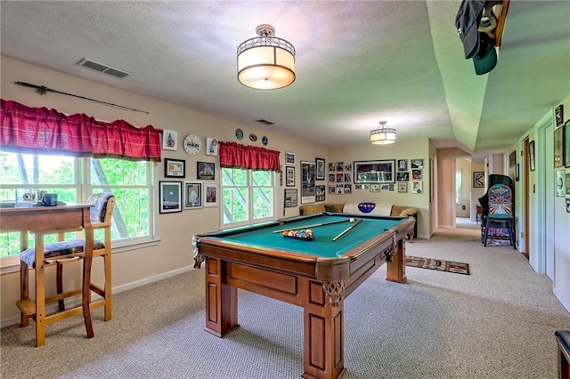 rec room featuring carpet flooring, pool table, baseboards, and a textured ceiling