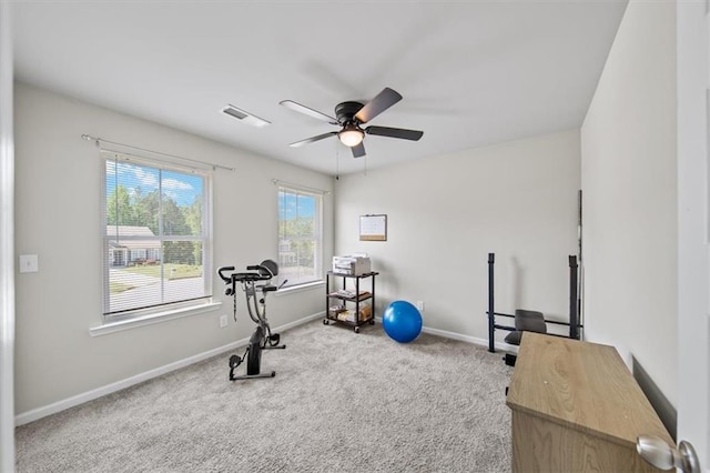 exercise area with ceiling fan, carpet, and baseboards