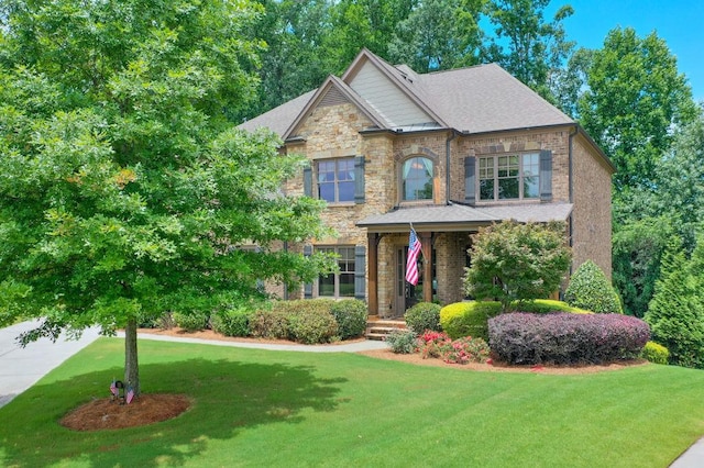 traditional home with a front lawn and stone siding