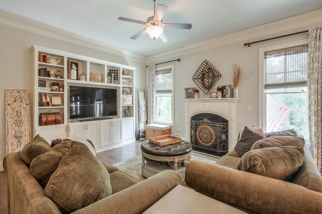 living area with crown molding, ceiling fan, wood finished floors, and a fireplace