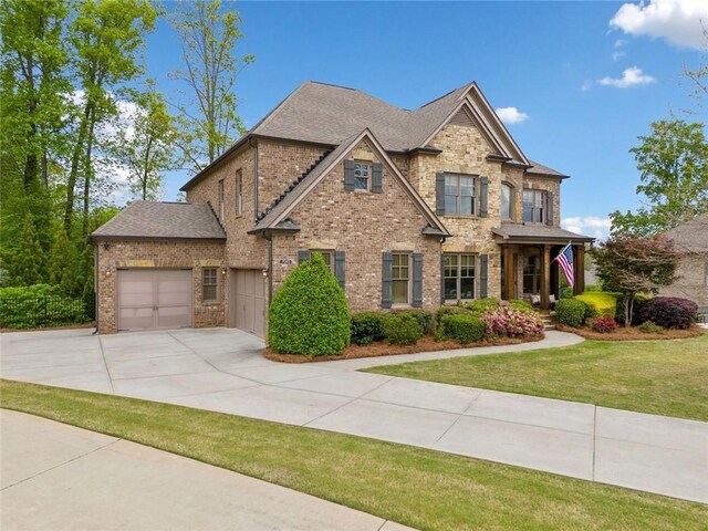 view of front of property featuring brick siding, a garage, a front yard, and concrete driveway
