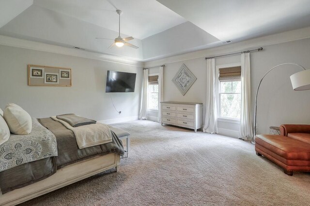 bedroom featuring carpet flooring, baseboards, visible vents, and vaulted ceiling