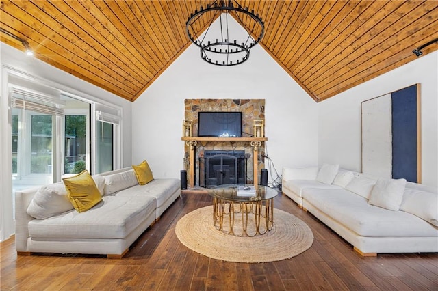 living area featuring a fireplace, wood finished floors, wood ceiling, and a notable chandelier