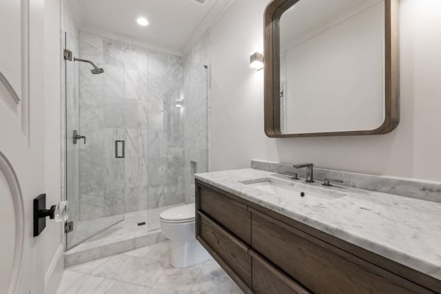 bathroom with marble look tiles, toilet, a marble finish shower, recessed lighting, and vanity