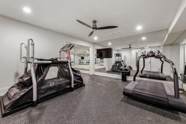 exercise room featuring a ceiling fan and recessed lighting