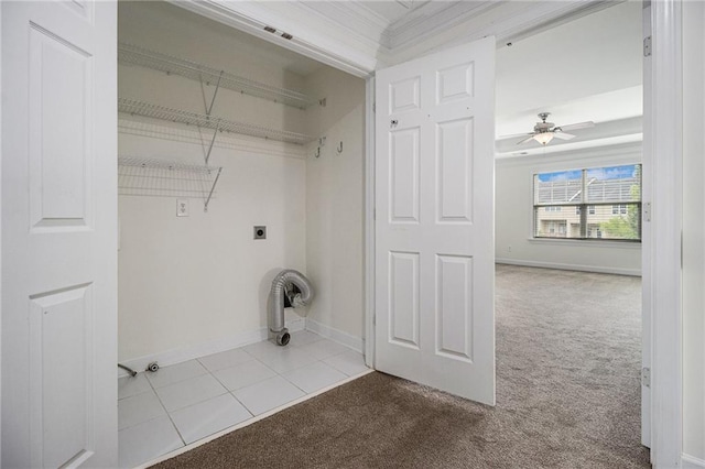 1935 Cobblestone Cir NE, Brookhaven, GA 30319 - washroom featuring electric dryer hookup, carpet, ceiling fan, crown molding, and tile patterned flooring