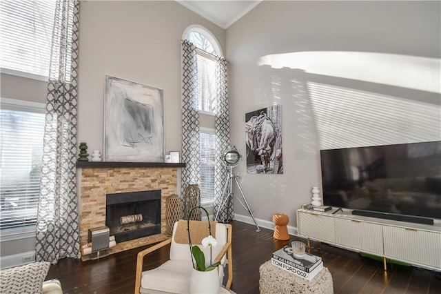 living room featuring dark hardwood / wood-style flooring, a fireplace, vaulted ceiling, and ornamental molding