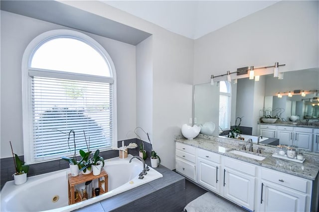 bathroom featuring vanity, plenty of natural light, and tiled tub