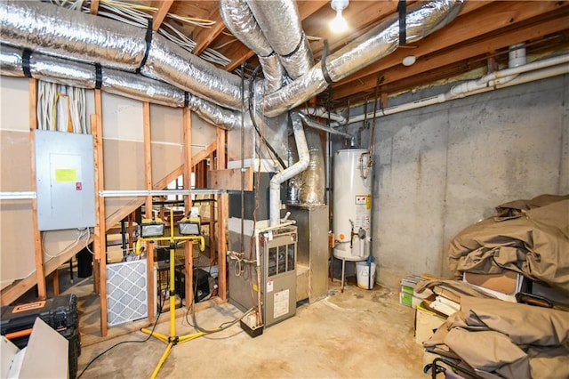 basement with electric panel and water heater