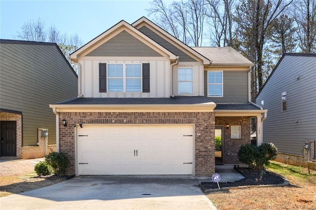 craftsman-style home featuring driveway, brick siding, board and batten siding, and an attached garage