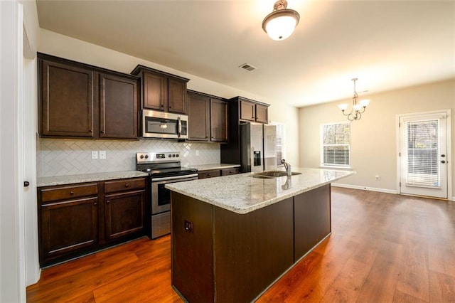 kitchen with visible vents, appliances with stainless steel finishes, dark wood-style flooring, and a sink